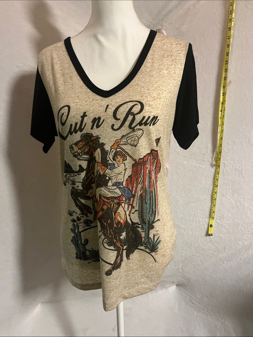 Cut n' Run V-Neck Graphic Tee in Beige and Black